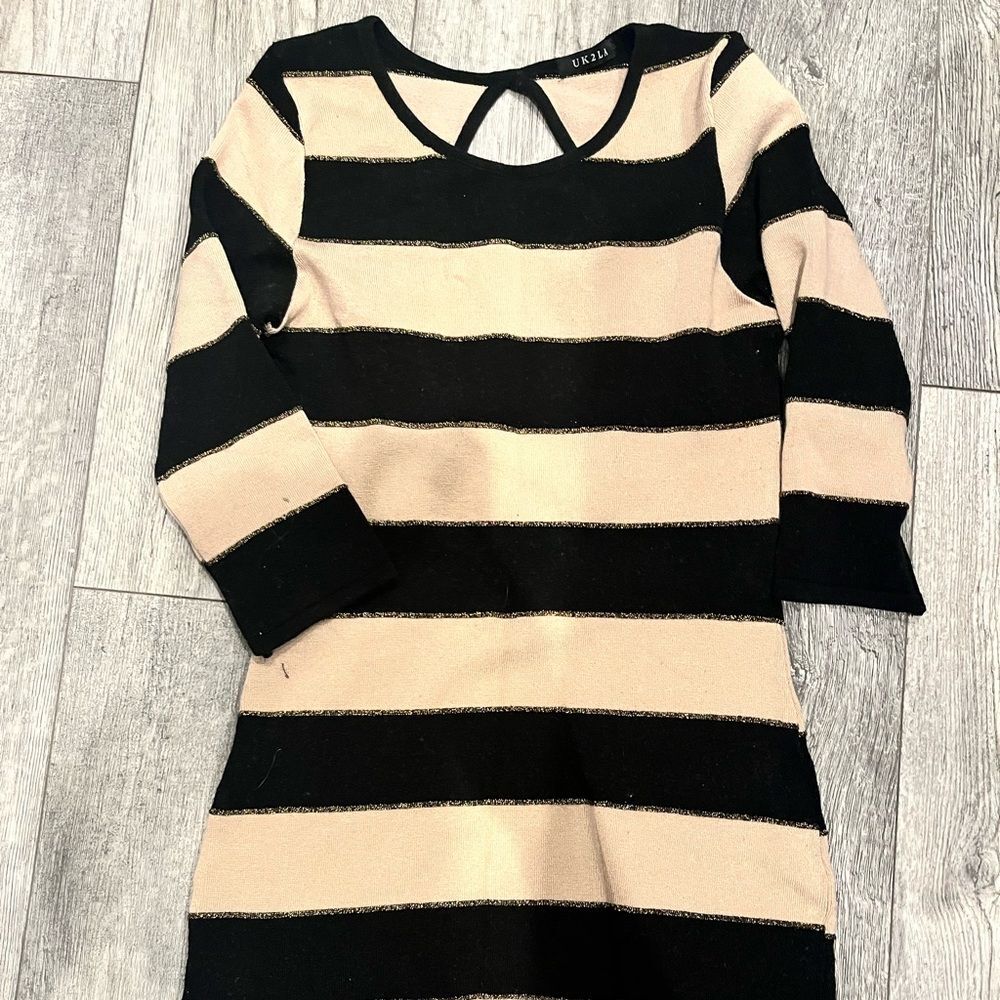 UK2LA‎ Women’s Black And Tan Striped Sweater Dress 3/4 Sleeves Round Neck Short